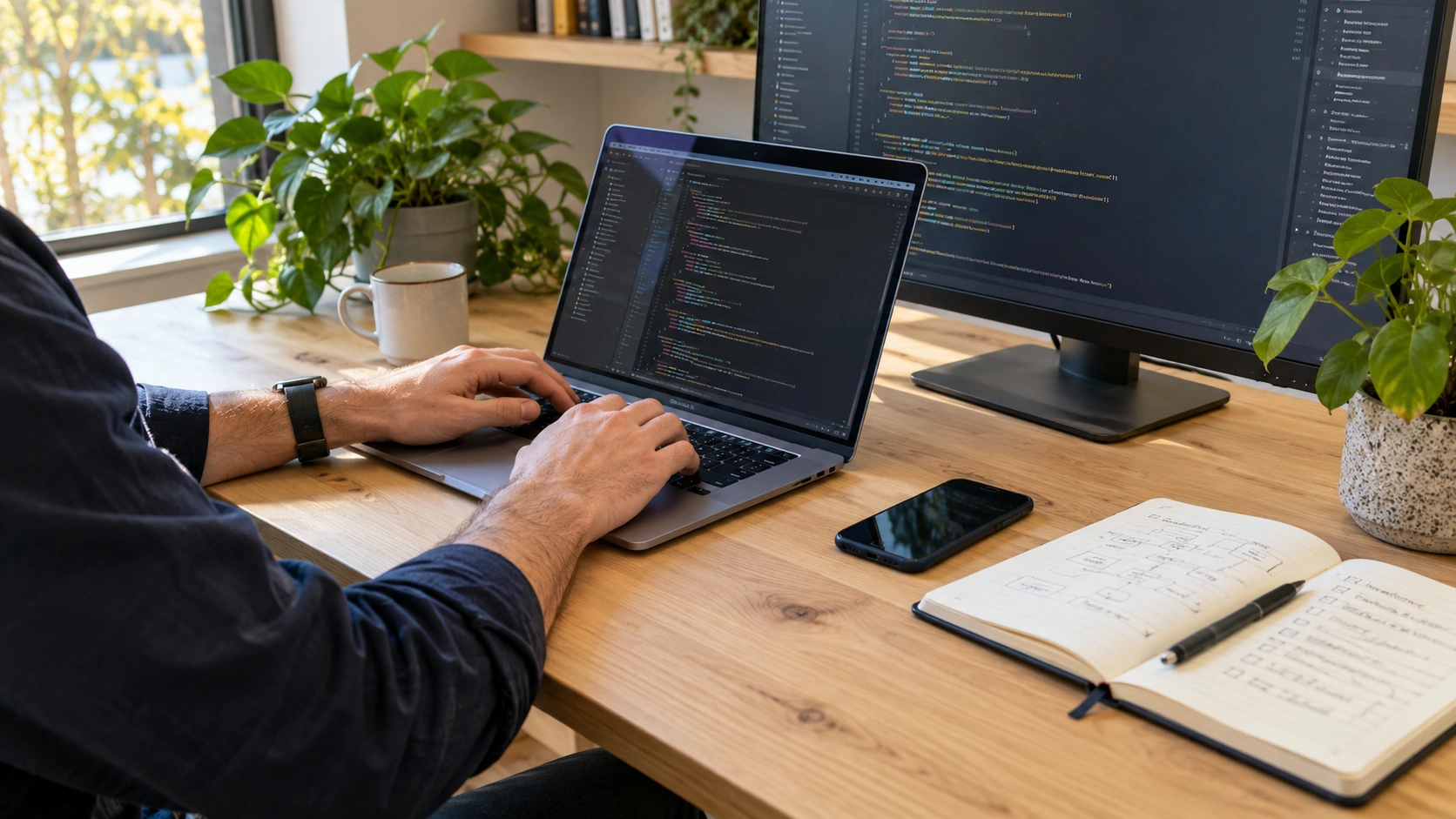 Illustrative close-up of a developer working with code and a project notebook.