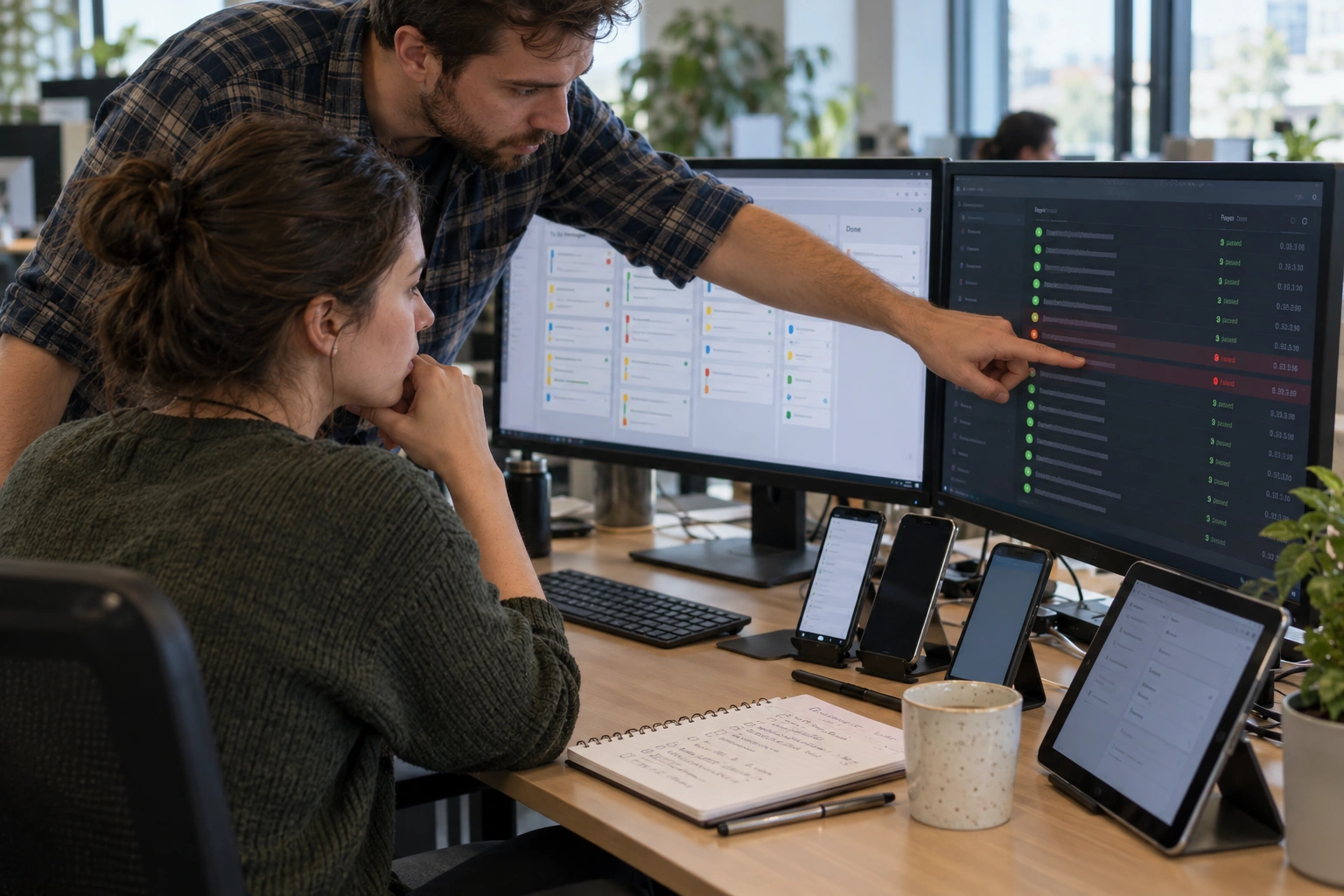Illustrative scene of colleagues reviewing software test results across desktop and mobile devices.
