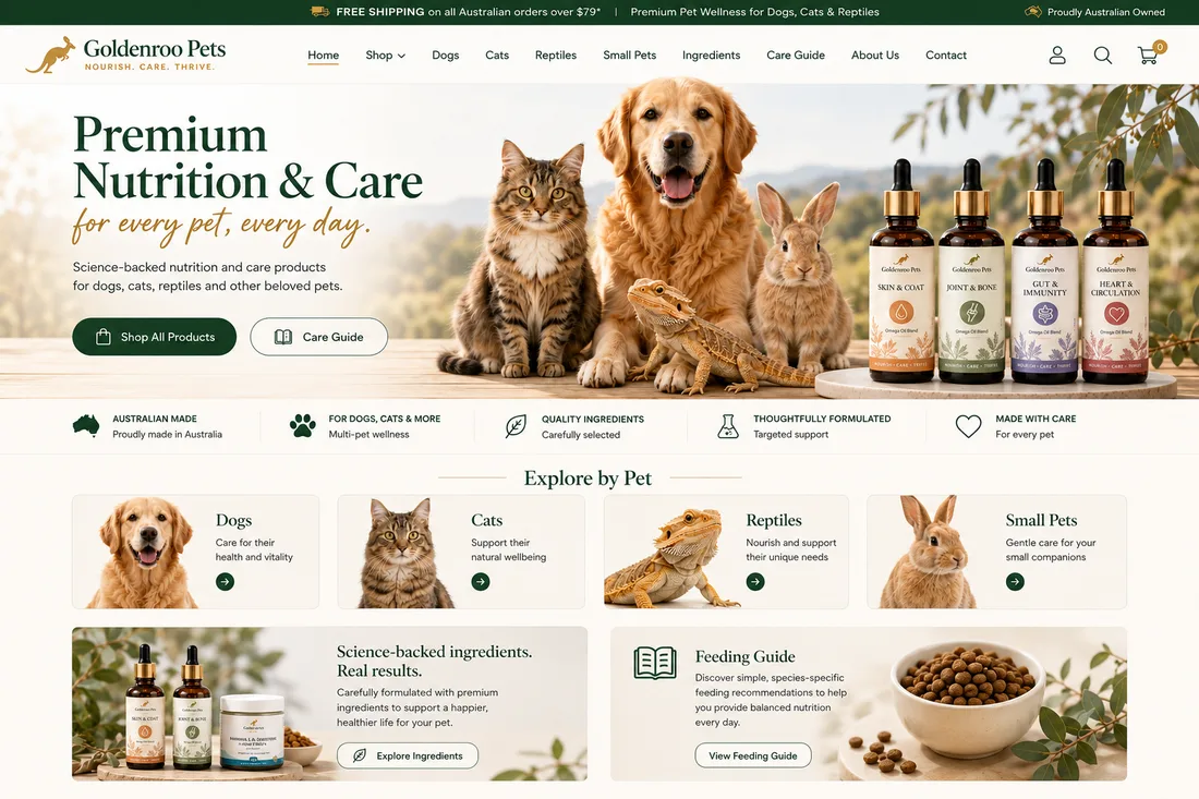 Goldenroo Pets Shopify storefront with a custom theme built by tPanel, showing the brand's hero section and shop-by-pet navigation for dogs, cats, reptiles and small pets