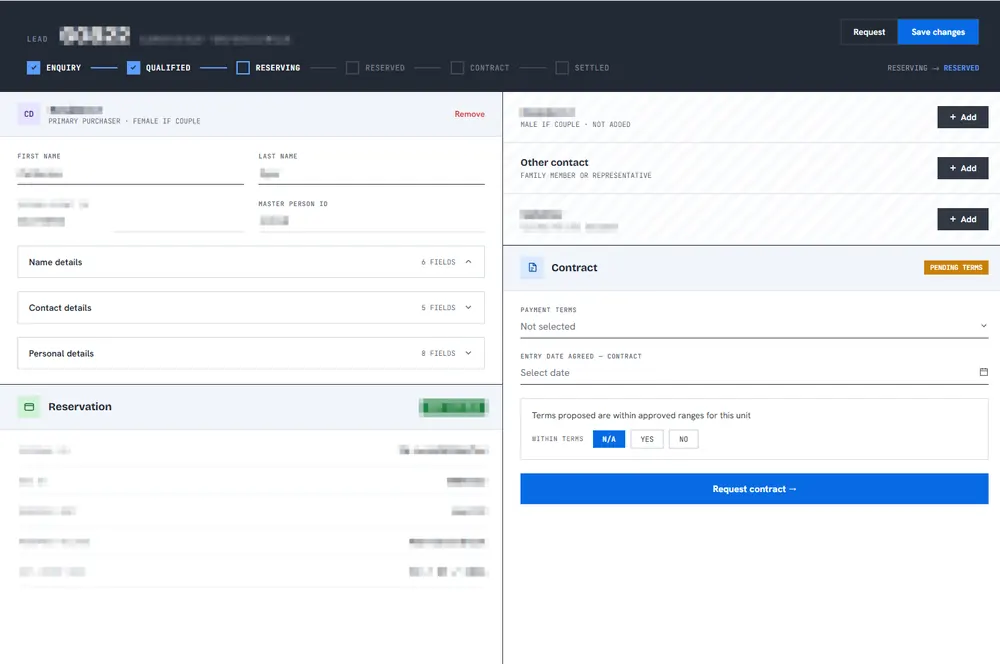 Custom sales CRM and lead management system tPanel built and evolved over a 10-year partnership, showing a pipeline tracker from enquiry to settled