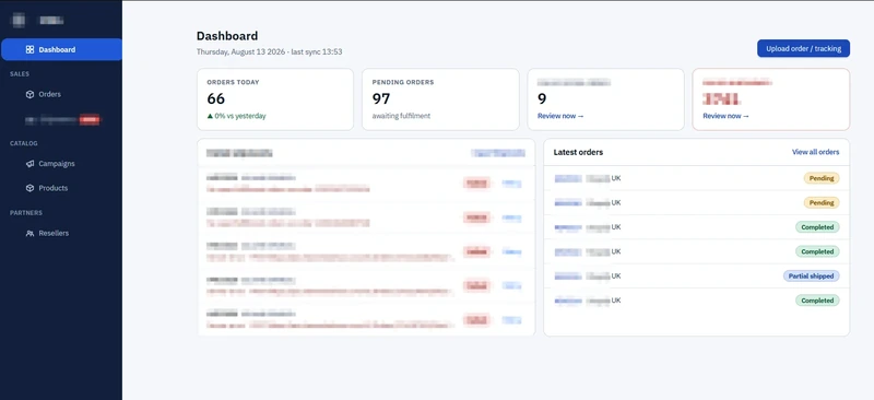 Everau order hub dashboard with channel sync status and orders awaiting action