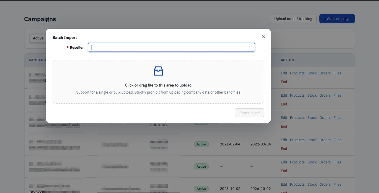 The campaigns screen in the order hub with a batch import dialogue open, showing a reseller selector and a drag-and-drop upload area, and each campaign carrying its own products, stock, orders and files
