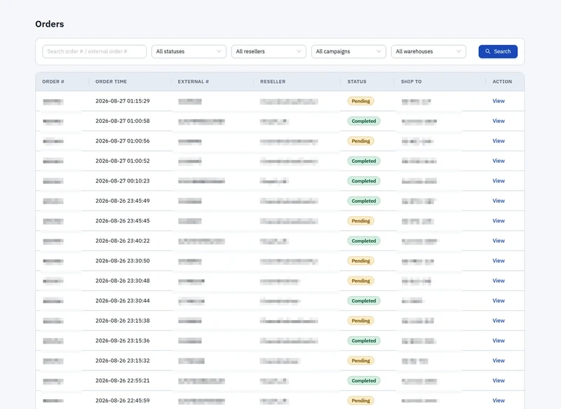 Everau order list with channel references and fulfilment status