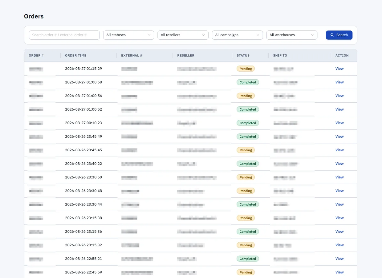 The order list in the order hub, showing orders from every channel with order time, the channel's own external order number, the reseller, a pending or completed status and the ship-to address, filterable by status, reseller, campaign and warehouse
