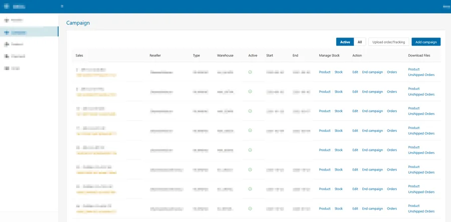 Custom order hub built by tPanel showing multi-channel campaigns with reseller, warehouse, order and tracking management in one dashboard
