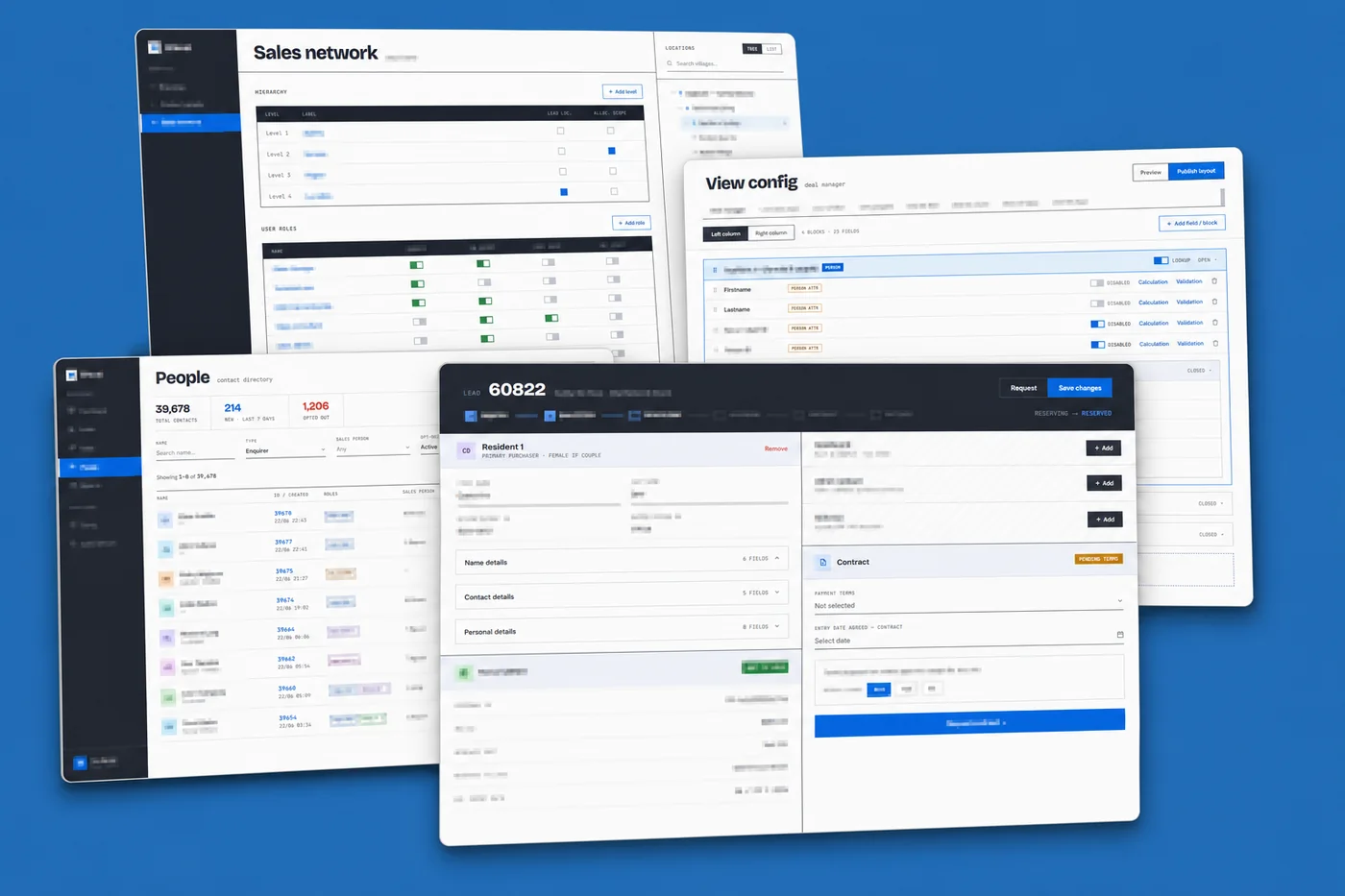 Administration screens in the custom sales CRM tPanel built: a configurable four-level sales network hierarchy with user roles and permissions, a field-by-field layout editor for the lead record, a contact directory, and a single lead showing reservation and contract status