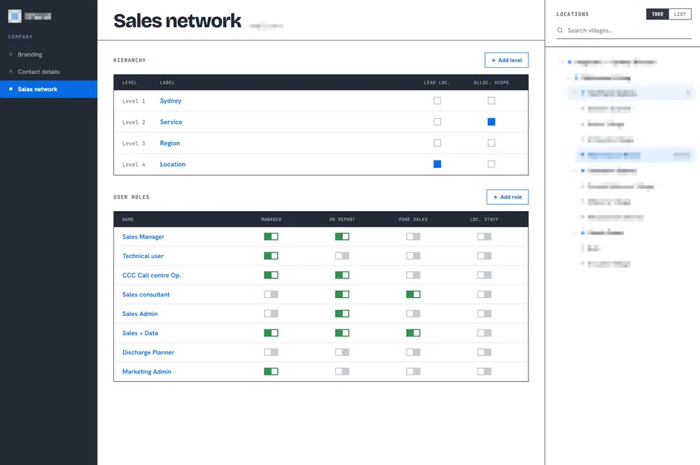 Multi-office CRM setup built by tPanel with a location hierarchy and a user-role permission matrix covering sales managers, sales consultants and admin roles