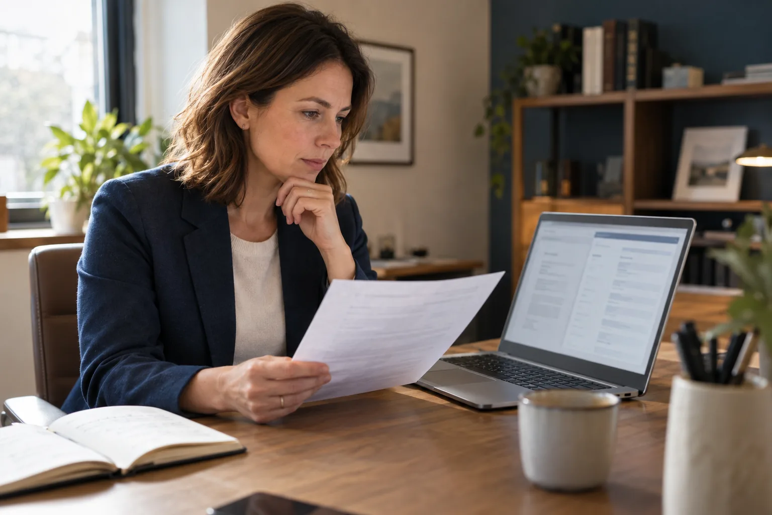Illustrative scene of a specialist checking a document alongside a laptop
