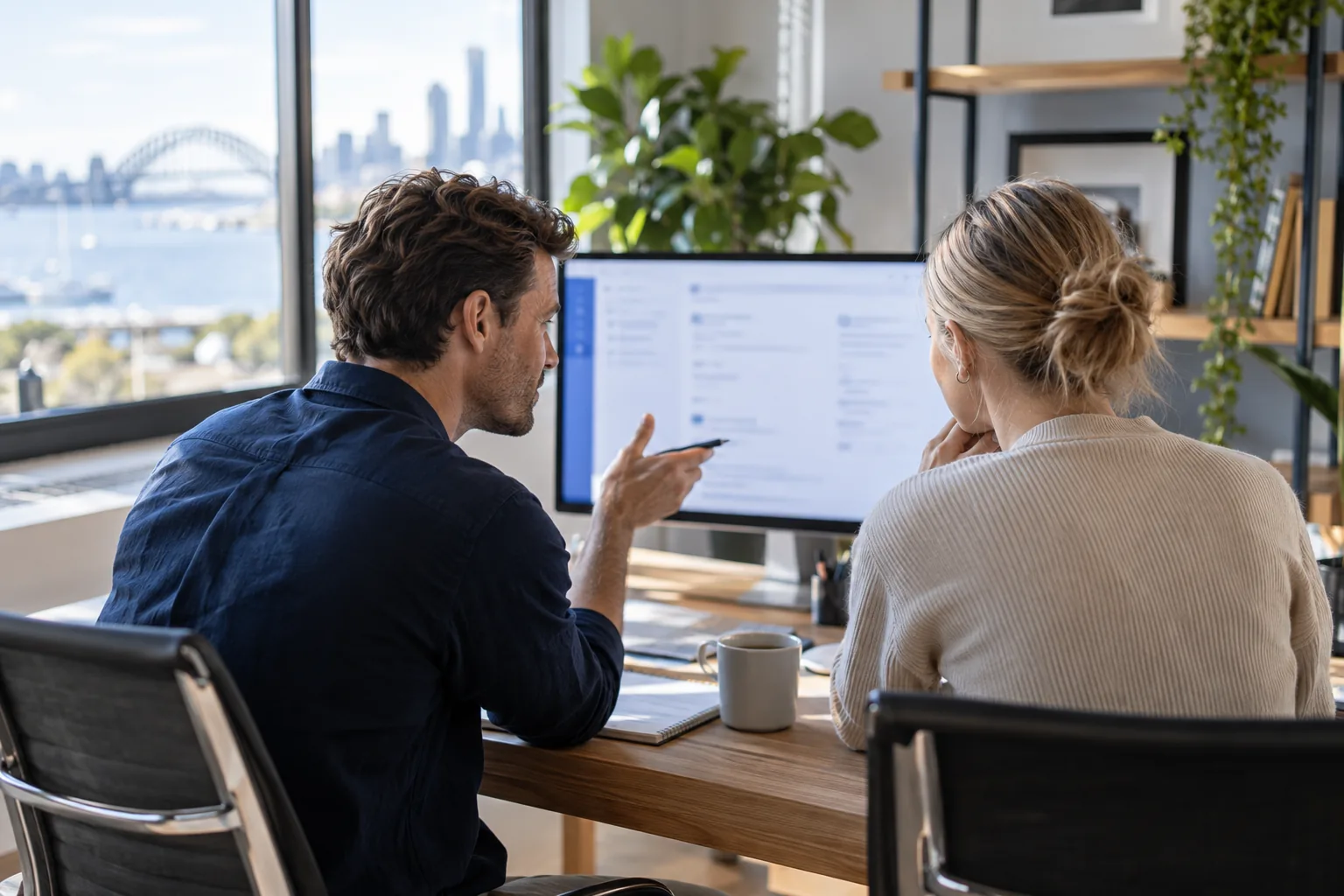 Illustrative office scene of colleagues reviewing a prepared enquiry summary