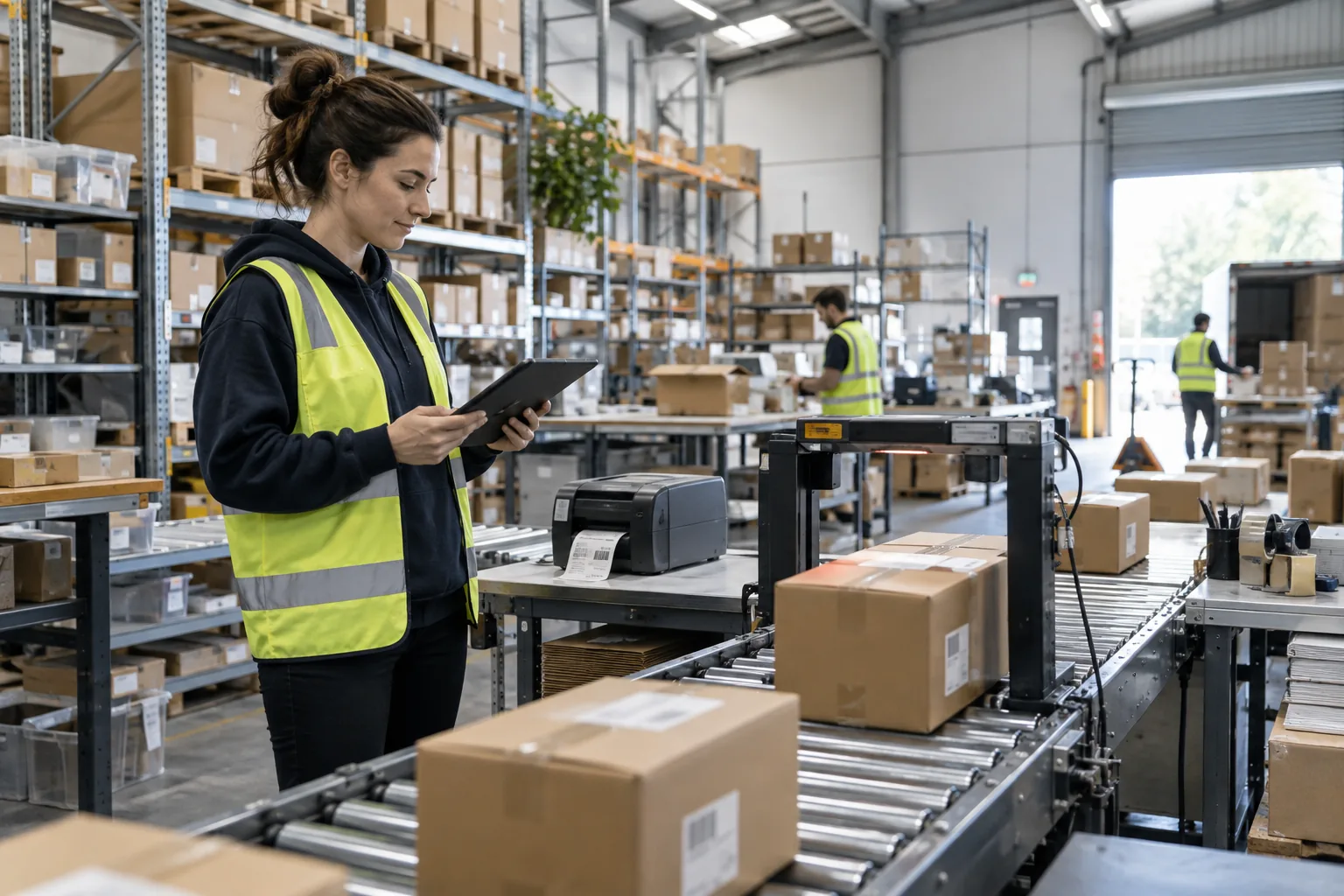 Illustrative warehouse scene with cartons passing a fixed scanner while a worker supervises dispatch
