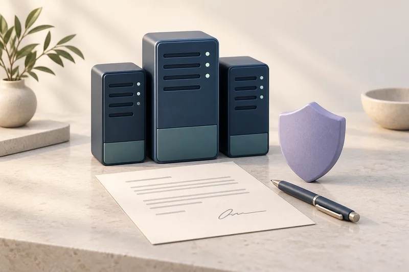 Concept illustration of server towers, a shield and a contract
