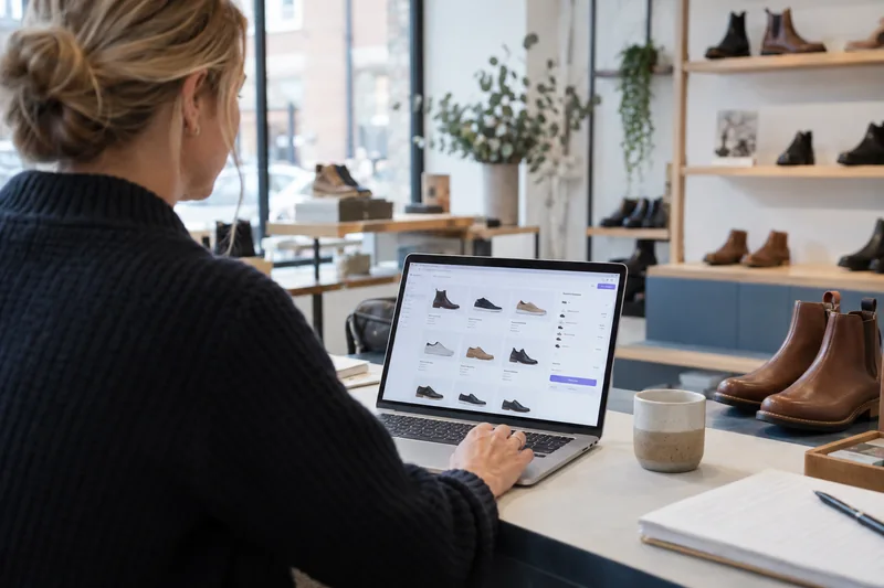 AI-generated scene of a retailer ordering wholesale footwear through a laptop