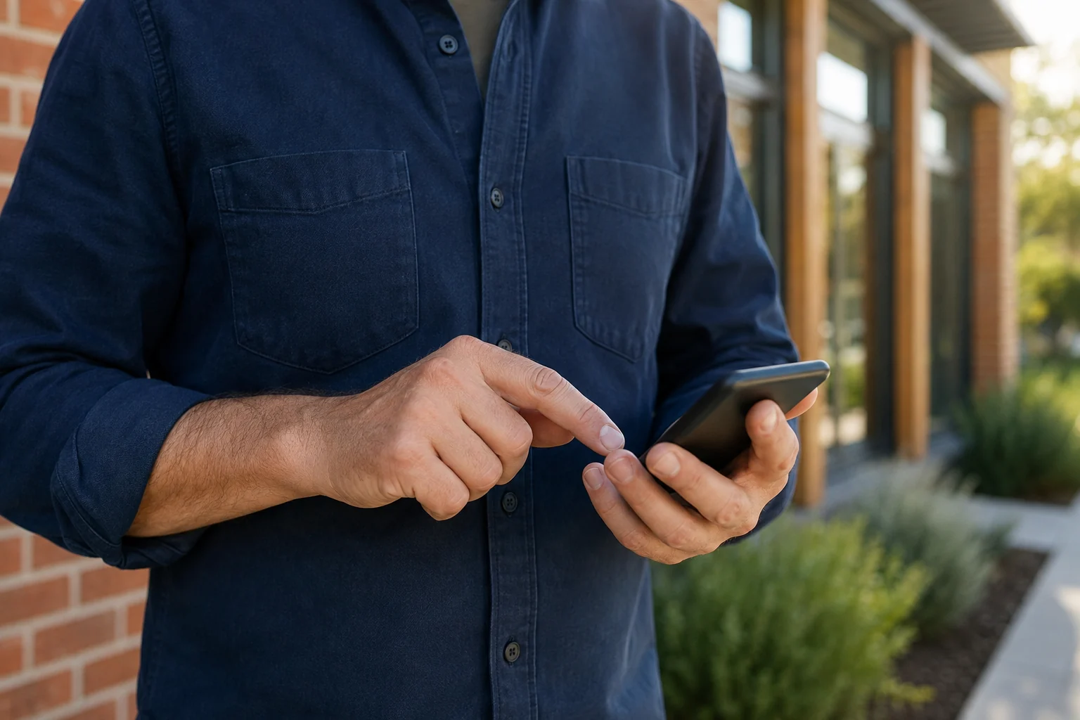 Concept scene of a professional using a phone outside a commercial building