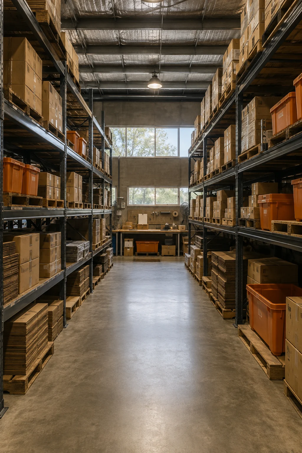 Concept scene of an organised warehouse with cartons and dispatch workbench