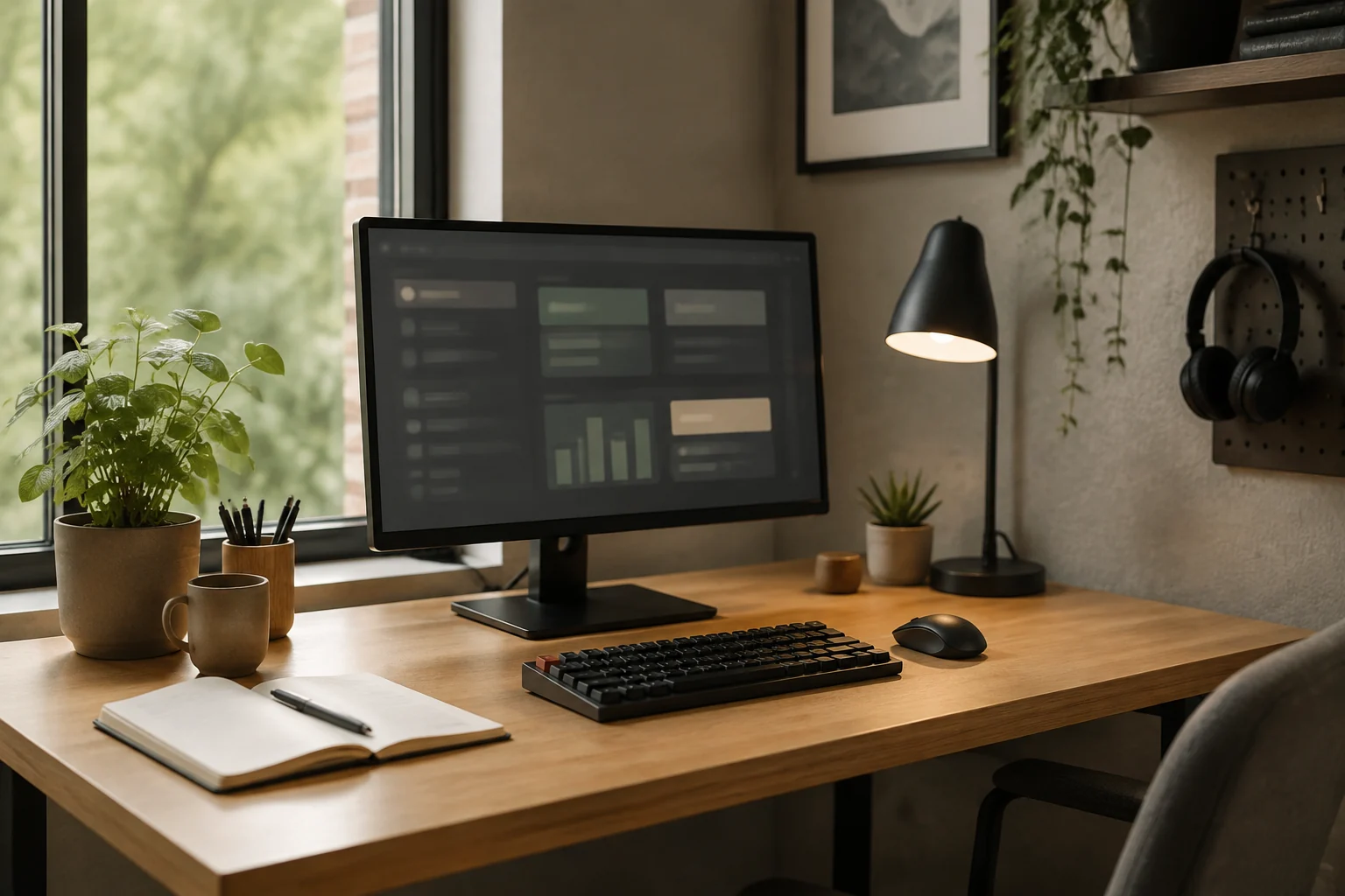Concept scene of a software workspace with a monitor, notebook and desk lamp