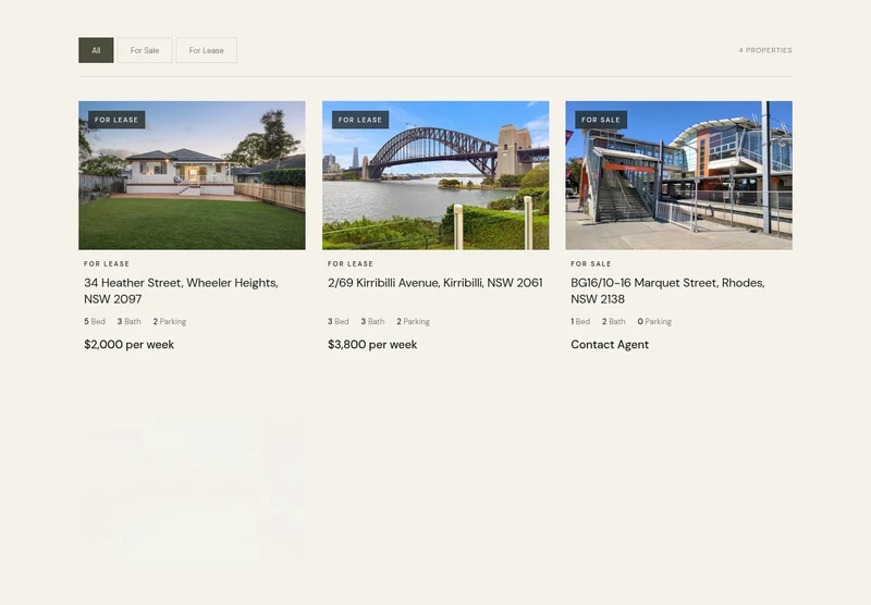 Manicon property listings screenshot with homes for sale and lease