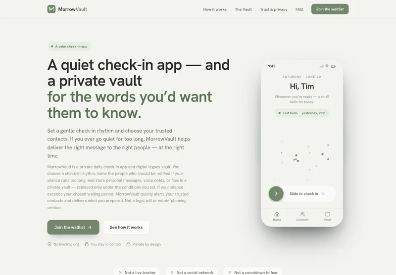 Real desktop screenshot of the MorrowVault product website